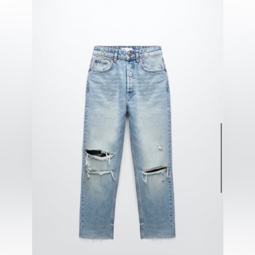 Zara, Straight Leg Ankle Length Ripped Jeans, Color: Light Wash, Size: US 31